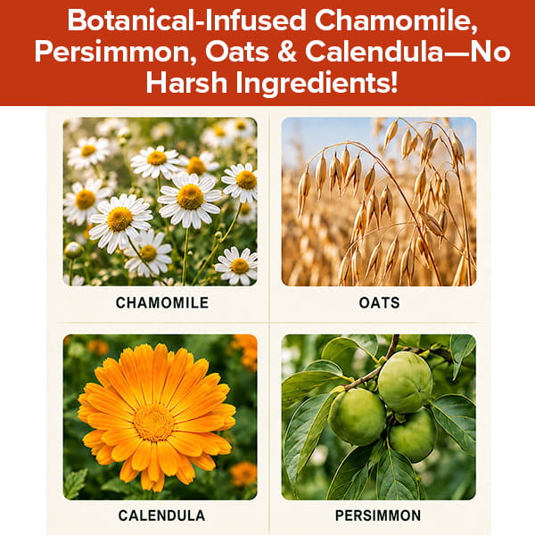 Four labeled images—chamomile flowers, oat stalks, an orange calendula flower, and green persimmons on a tree—sit below a banner that reads: “Botanical-Infused Chamomile, Persimmon, Oats & Calendula—No Harsh Ingredients!” The perfect companion for our Hypoallergenic Dog & Cat Bathing Glove Wipes to ensure gentle freshness as part of your dog and cat’s grooming routine.