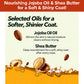Illustrations of almonds and oil droplets accompany text explaining the benefits of jojoba oil and shea butter, which nourish and hydrate for a soft, shiny coat. Ideal for use with Hypoallergenic Dog & Cat Bathing Glove Wipes, these ingredients gently cleanse your pet’s skin while promoting coat health.