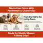 A dog with muddy paws lies on a rug, leaving paw prints behind. Hypoallergenic Dog & Cat Bathing Glove Wipes, infused with odor-neutralizing persimmon and calming chamomile, make cleanup quick and convenient after muddy activities or rainy days. These gentle wipes help keep your home fresh and clean, even after playful outdoor adventures.