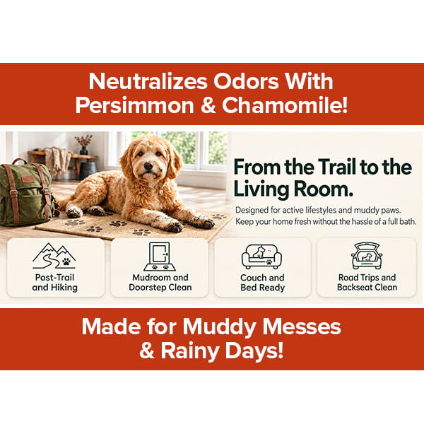 A dog with muddy paws lies on a rug, leaving paw prints behind. Hypoallergenic Dog & Cat Bathing Glove Wipes, infused with odor-neutralizing persimmon and calming chamomile, make cleanup quick and convenient after muddy activities or rainy days. These gentle wipes help keep your home fresh and clean, even after playful outdoor adventures.