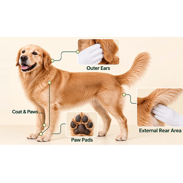 A golden retriever stands, labeled features include coat & paws, outer ears, paw pads (close-up), and external rear area (close-up with gloved hand using Hypoallergenic Dog & Cat Bathing Glove Wipes).