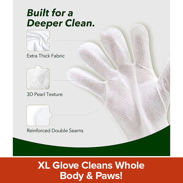 Introducing the Hypoallergenic Dog & Cat Bathing Glove Wipes: a white glove with extra thick fabric, 3D pearl texture, and reinforced double seams. Designed for deep cleaning your pet’s whole body and paws, its XL size makes bath time easy and thorough.