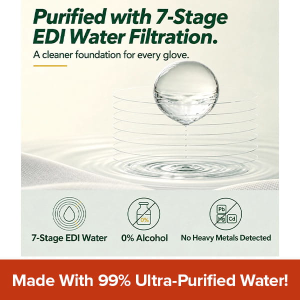 A water droplet above ripples illustrates the 7-stage EDI water filtration process featured in the Hypoallergenic Dog & Cat Bathing Glove Wipes. Icons indicate 0% alcohol and no detected heavy metals, emphasizing that these pet wipes are hypoallergenic and trustworthy. Text below reads: Made With 99% Ultra-Purified Water!.