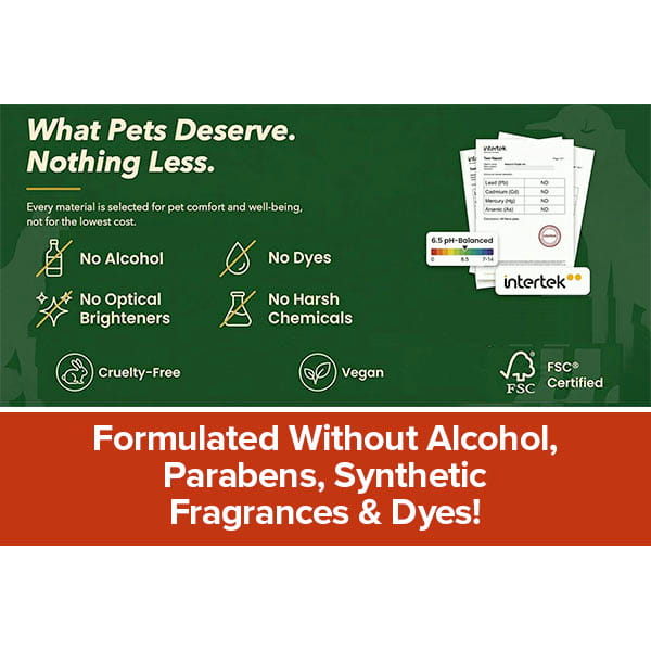 Infographic listing Hypoallergenic Dog & Cat Bathing Glove Wipes features: no alcohol, parabens, synthetic fragrances or dyes, or harsh chemicals; cruelty-free, vegan, FSC certified. Text below reads: Formulated Without Alcohol, Parabens, Synthetic Fragrances & Dyes! Perfect for sensitive pets, our hypoallergenic bathing glove wipes and odor neutralizing formula keep your furry friends fresh and comfortable without compromise.