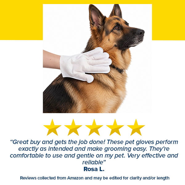 A German Shepherd is groomed with the Hypoallergenic Dog & Cat Bathing Glove Wipes. Below are five yellow stars, a positive customer review praising the product, and the reviewer’s name, Rosa L.