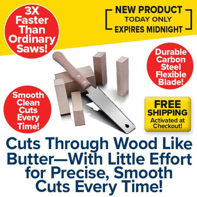 A Japanese Hand Saw cutting through wood, surrounded by text highlights: 3X Faster Than Ordinary Saws, New Product, Free Shipping, Durable Carbon Steel, and Cuts Through Wood Like Butter—Smooth Cuts Every Time! Experience unmatched precision—a must-have woodworking tool for smooth and effortless results.