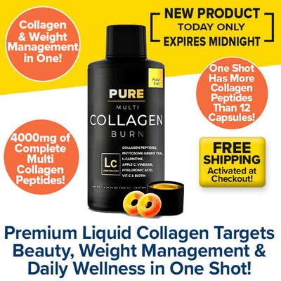 A bottle of Pure Liquid Collagen, featuring powerful multi-collagen peptides, is surrounded by text highlighting its benefits—such as 4000mg collagen peptides, free shipping, and support for weight management and beauty. The background is mainly yellow and white.