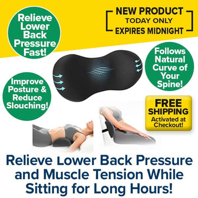 Promotional image of a woman using the Lumbar Support Pillow for Chair while sitting and lying down. Benefits shown: relieves lower back pressure, improves posture, contours to spine curve, plus free shipping.