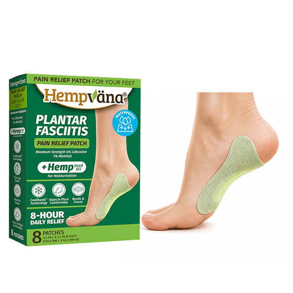 A box of Hempvana Plantar Fasciitis Pain Relief Patch, featuring 8 patches infused with hemp seed oil for up to 8 hours of daily relief, is displayed beside a bare foot with a green patch applied to the heel and arch area.