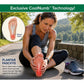 A woman sits on a path holding her foot in pain, highlighting the need for effective plantar fasciitis pain relief. An inset shows the plantar fascia ligament on a foot illustration. Text describes symptoms and mentions how innovative solutions like the Hempvana Plantar Fasciitis Pain Relief Patch, featuring CoolNumb Technology, as well as options such as lidocaine patches or hemp seed oil, can help ease discomfort.