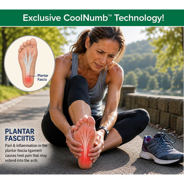 A woman sits on a path holding her foot in pain, highlighting the need for effective plantar fasciitis pain relief. An inset shows the plantar fascia ligament on a foot illustration. Text describes symptoms and mentions how innovative solutions like the Hempvana Plantar Fasciitis Pain Relief Patch, featuring CoolNumb Technology, as well as options such as lidocaine patches or hemp seed oil, can help ease discomfort.
