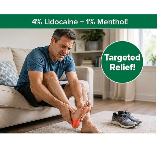 A man sits on a couch, holding his foot in pain—seeking plantar fasciitis pain relief. Text reads: “Hempvana Plantar Fasciitis Pain Relief Patch, 4% Lidocaine + 1% Menthol! Targeted Relief!” His foot is highlighted in red to indicate discomfort. Sneakers rest on the floor nearby, suggesting he may benefit from the soothing comfort of the Hempvana Plantar Fasciitis Pain Relief Patch.