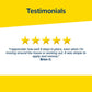 Yellow background with “Testimonials” text, five gold stars, and a quote below: I appreciate how well it stays in place, making the Hempvana Plantar Fasciitis Pain Relief Patch an effective lidocaine patch for my needs... It was simple to apply and remove. Signed Brian C.