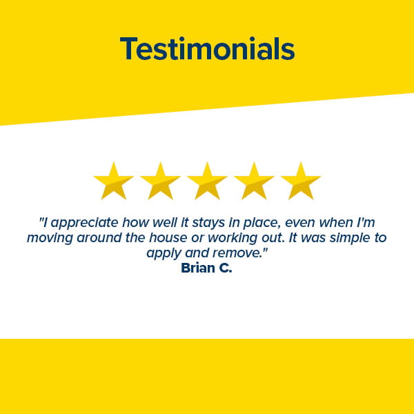 Yellow background with “Testimonials” text, five gold stars, and a quote below: I appreciate how well it stays in place, making the Hempvana Plantar Fasciitis Pain Relief Patch an effective lidocaine patch for my needs... It was simple to apply and remove. Signed Brian C.