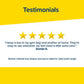 A yellow and white graphic displays “Testimonials” above five gold stars, followed by a positive review about the Hempvana Plantar Fasciitis Pain Relief Patch that emphasizes its effectiveness for plantar fasciitis pain relief. Reviewer: Daniel G. Note: Reviews are from Amazon and may be edited for clarity.