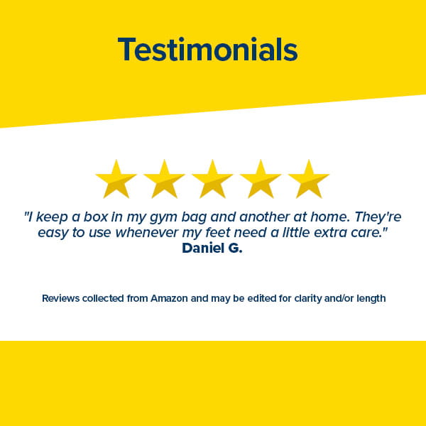 A yellow and white graphic displays “Testimonials” above five gold stars, followed by a positive review about the Hempvana Plantar Fasciitis Pain Relief Patch that emphasizes its effectiveness for plantar fasciitis pain relief. Reviewer: Daniel G. Note: Reviews are from Amazon and may be edited for clarity.