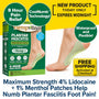 A foot with a patch applied on the arch, showcasing targeted relief for plantar fasciitis pain using the Hempvana Plantar Fasciitis Pain Relief Patch. Next to the foot is the product box. Text highlights include: 8-hour pain relief, waterproof lidocaine patch, new product launch, free shipping, and key ingredients—4% lidocaine, 1% menthol, and soothing hemp seed oil.