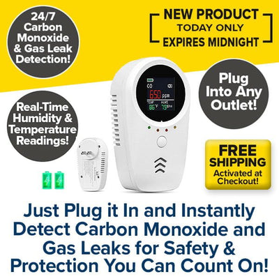 The 5-in-1 Carbon Monoxide & Gas Detector with digital display offers 24/7 detection, real-time readings, easy plug-in use, free shipping, and a limited-time offer.