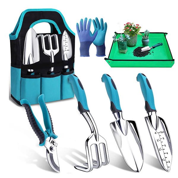 The 7 Piece Gardening Tool Set includes a blue tool bag, gloves, pruning shears, hand rake, trowels, and a green planting mat—perfect for caring for small potted plants and an excellent choice among gardening gifts.