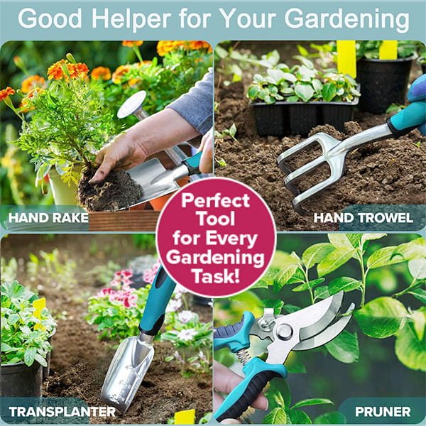 A collage shows the 7 Piece Gardening Tool Set in use: a hand rake loosening soil, hand trowel digging, transplanter planting a seedling, and pruner cutting stems. Central text: Perfect Tool for Every Gardening Task! Great gardening gift idea.