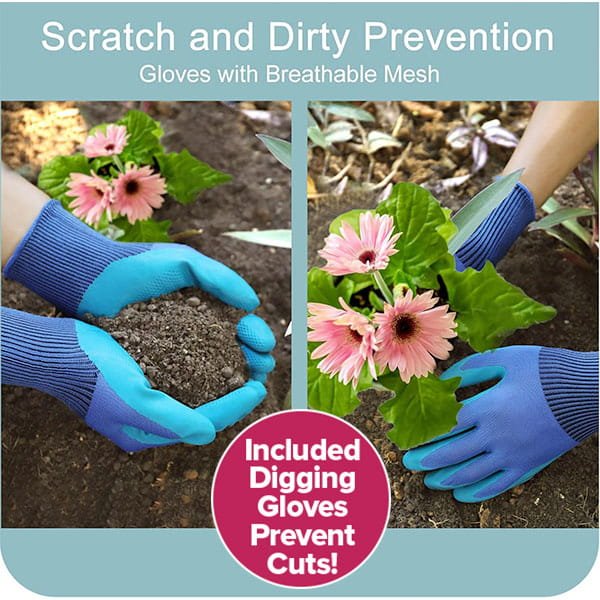 Two images show hands using blue gloves from the 7 Piece Gardening Tool Set while handling soil and pink flowers. The gloves offer scratch and dirt protection, with breathable mesh and cut resistance—an essential for any gardener.