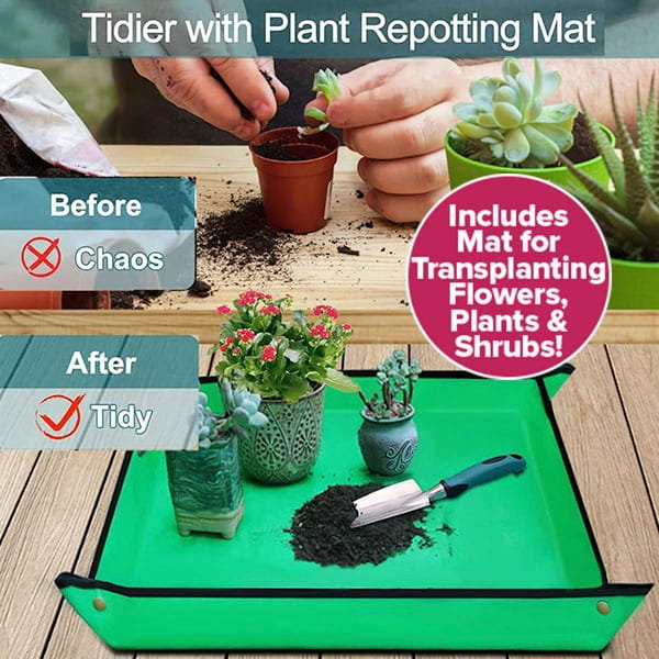 A person repots a succulent on a wooden table above a green mat, using the 7 Piece Gardening Tool Set. "Chaos" is labeled on soil mess above, while tidy potted plants and tools rest neatly below—showcasing the set as an ideal gardening gift.