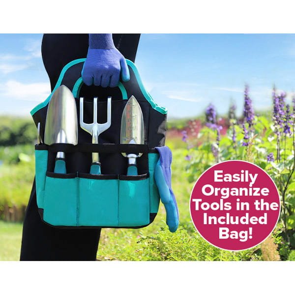 Wearing blue gloves, a person holds a turquoise and black 7 Piece Gardening Tool Set bag with three metal hand tools. Green plants and purple flowers are in the background. A text bubble says, Easily Organize Tools in the Included Bag!.