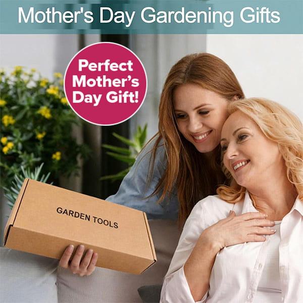 Two women smile on a couch as one gives the other a box labeled "7 Piece Gardening Tool Set." Text reads Mothers Day Gardening Gifts and Perfect Mother’s Day Gift! Green plants and the gardening tool set are in the background.