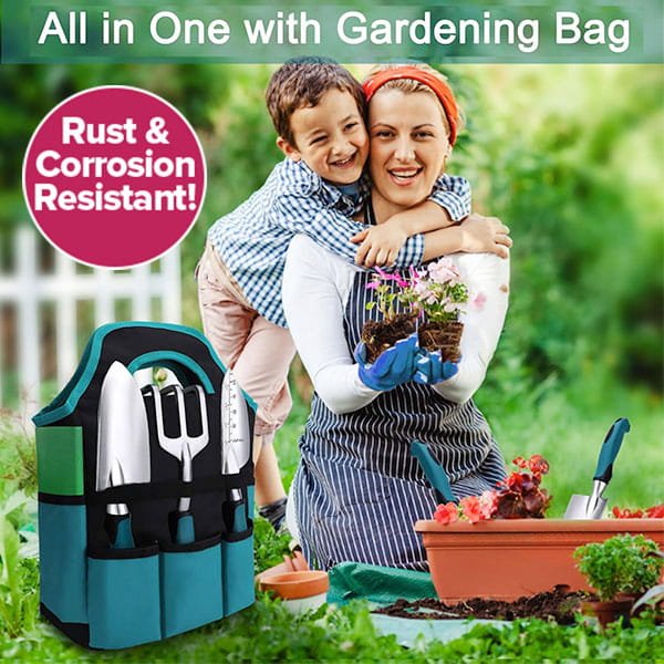 A smiling woman in a striped apron holds a potted plant as she’s hugged by a young boy. Next to them is the 7 Piece Gardening Tool Set in a green bag. Text: All in One with Gardening Bag and Rust & Corrosion Resistant!.