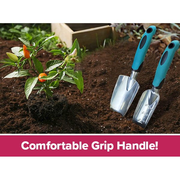 Two gardening trowels with blue and black comfortable grip handles from the 7 Piece Gardening Tool Set rest in soil beside a pepper plant with orange and green peppers. Text: Comfortable Grip Handle! Great for gardening gifts.