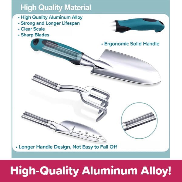 Image of the 7 Piece Gardening Tool Set with teal ergonomic handles. Features strong aluminum alloy, sharp blades, long handles, and clear scales. Great gardening gifts! Text: High-Quality Aluminum Alloy!.