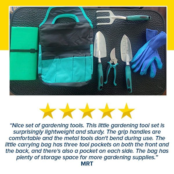 The 7 Piece Gardening Tool Set includes a foldable kneeling pad, carrying bag, 3 metal tools, pruning shears, gloves, and hand rake—shown with a five-star review calling it one of the best gardening gifts.
