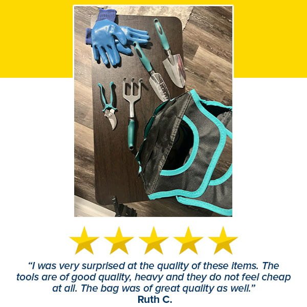 The 7 Piece Gardening Tool Set with gloves and a teal-trimmed bag is shown on a dark table. Featuring a five-star rating and Ruth C.'s glowing review, this quality set makes an ideal gardening gift.