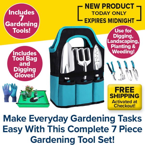 Image of 7 Piece Gardening Tool Set in a blue and black tote with gloves and kneeling mat. Text highlights the garden tools, free shipping, and limited-time offer—ideal gardening gifts to simplify gardening tasks.
