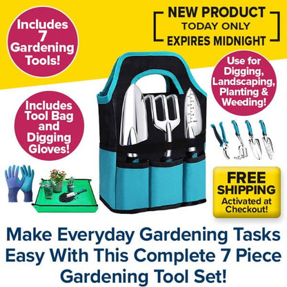 Image of 7 Piece Gardening Tool Set in a blue and black tote with gloves and kneeling mat. Text highlights the garden tools, free shipping, and limited-time offer—ideal gardening gifts to simplify gardening tasks.