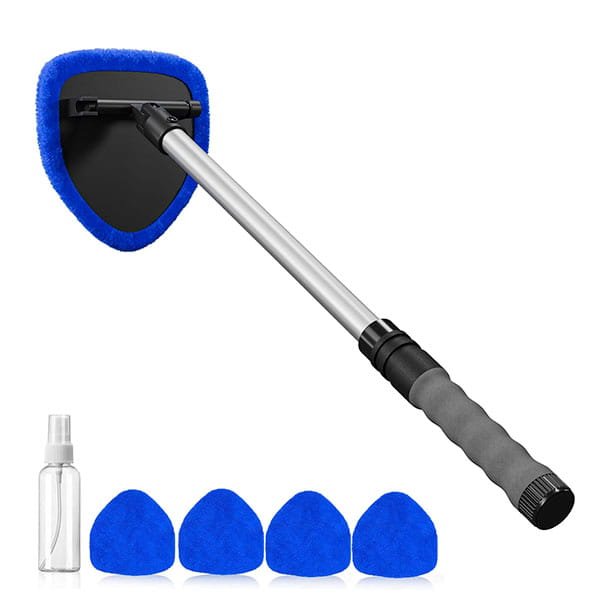 The Car Windshield Cleaner features a gray handle, blue triangular microfiber pads, and a black pivoting head. It comes with four extra blue pads and a small spray bottle for streak-free window cleaning.