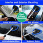 The Car Windshield Cleaner features microfiber pads and a long handle for streak-free cleaning of interior/exterior glass, side windows, and hoods. Text: "Interior and Exterior Cleaning" & "Fast & Easy Cleaning!.