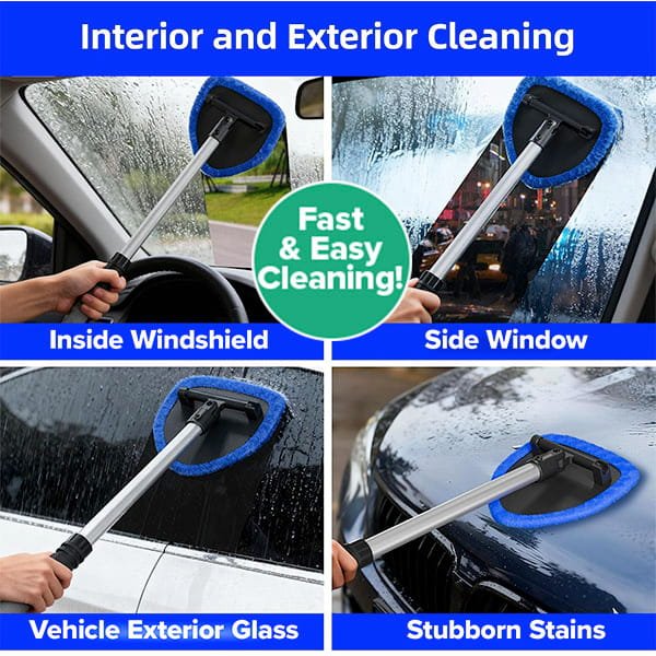 The Car Windshield Cleaner features microfiber pads and a long handle for streak-free cleaning of interior/exterior glass, side windows, and hoods. Text: "Interior and Exterior Cleaning" & "Fast & Easy Cleaning!.
