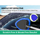 A hand uses the Car Windshield Cleaner with blue bristles on a car windshield, wiping away water marks. Text reads: Gentle yet powerful. Soft bristles and microfiber pads deliver scratch-free, streak-free cleaning every time!.