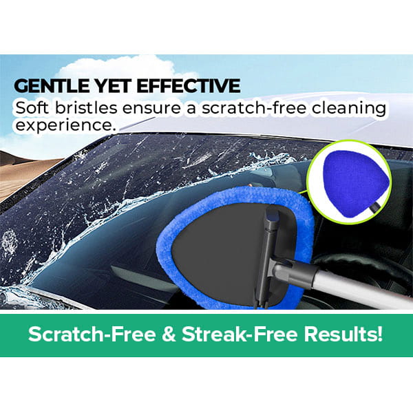 A hand uses the Car Windshield Cleaner with blue bristles on a car windshield, wiping away water marks. Text reads: Gentle yet powerful. Soft bristles and microfiber pads deliver scratch-free, streak-free cleaning every time!.