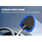 The Car Windshield Cleaner with blue microfiber pads glides across windshields, leaving a streak-free, crystal-clear finish even among water droplets. Text: Streak-free shine. Achieve a spotless windshield effortlessly.