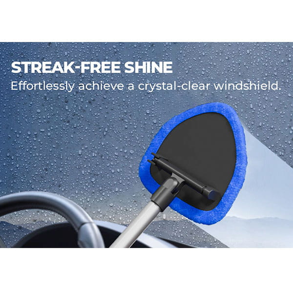 The Car Windshield Cleaner with blue microfiber pads glides across windshields, leaving a streak-free, crystal-clear finish even among water droplets. Text: Streak-free shine. Achieve a spotless windshield effortlessly.