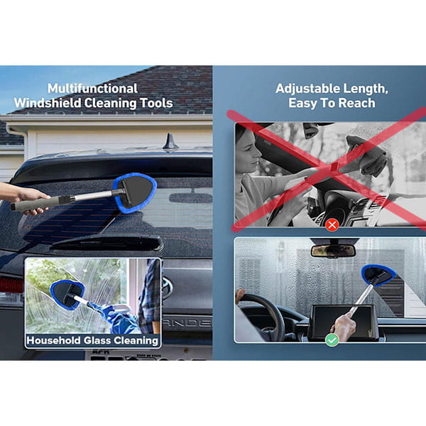 A person uses the Car Windshield Cleaner with microfiber pads on a car window. Its adjustable length offers streak-free cleaning and outperforms hand cleaning by making hard-to-reach areas easier and more effective to clean.