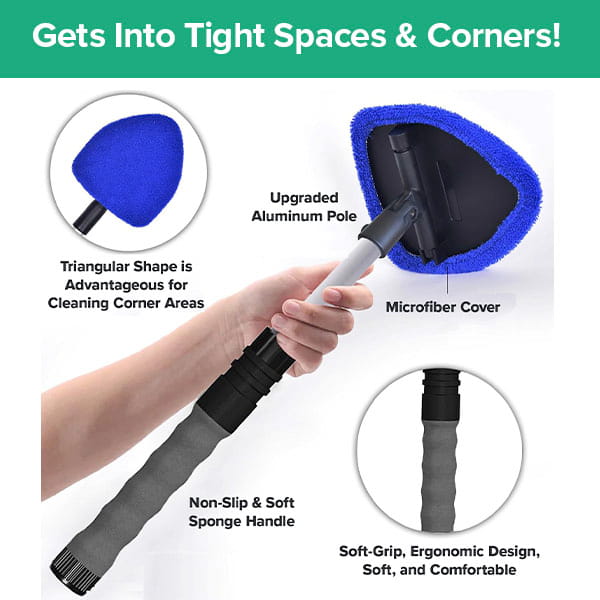 A hand holds the Car Windshield Cleaner with a blue microfiber pad, gray soft-grip handle, and upgraded aluminum pole. Ergonomic design ensures streak-free window cleaning in tight corners.