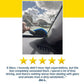 A person uses the Car Windshield Cleaner with microfiber pads to clean a car's windshield interior. Below the image are five yellow stars and a positive review from Jim L.