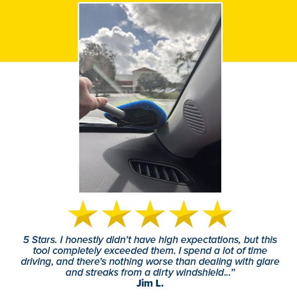 A person uses the Car Windshield Cleaner with microfiber pads to clean a car's windshield interior. Below the image are five yellow stars and a positive review from Jim L.