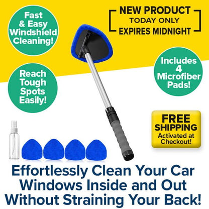 Car Windshield Cleaner: Blue triangular pad, extendable handle, plus 4 extra microfiber pads. Clean windows streak-free—even in hard-to-reach spots. Free shipping! Order now—limited-time offer ends at midnight.