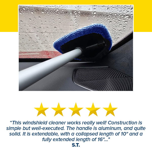 The Car Windshield Cleaner features microfiber pads and an aluminum handle for streak-free window cleaning inside your car. Below the image, you’ll find a 5-star review and customer testimonial.
