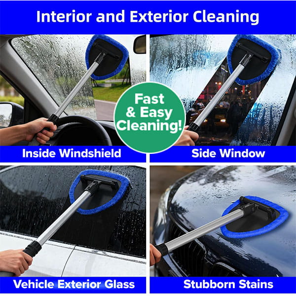 A four-panel image demonstrating a Car Windshield Cleaner with a blue microfiber pad used to clean the interior and exterior of glass surfaces.