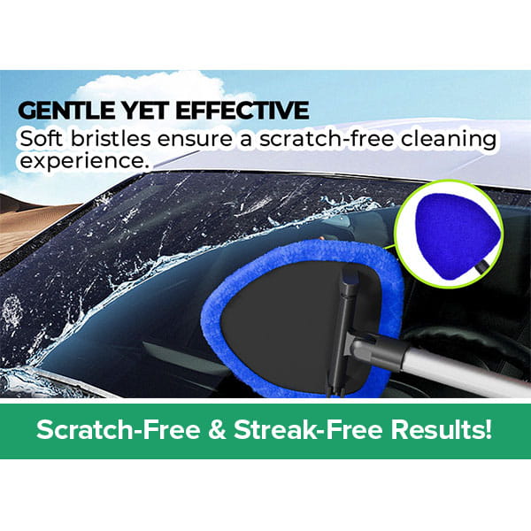 A blue triangular Car Windshield Cleaner wipes a window, with text overlay reading Gentle yet effective and streak-free window cleaning results.
